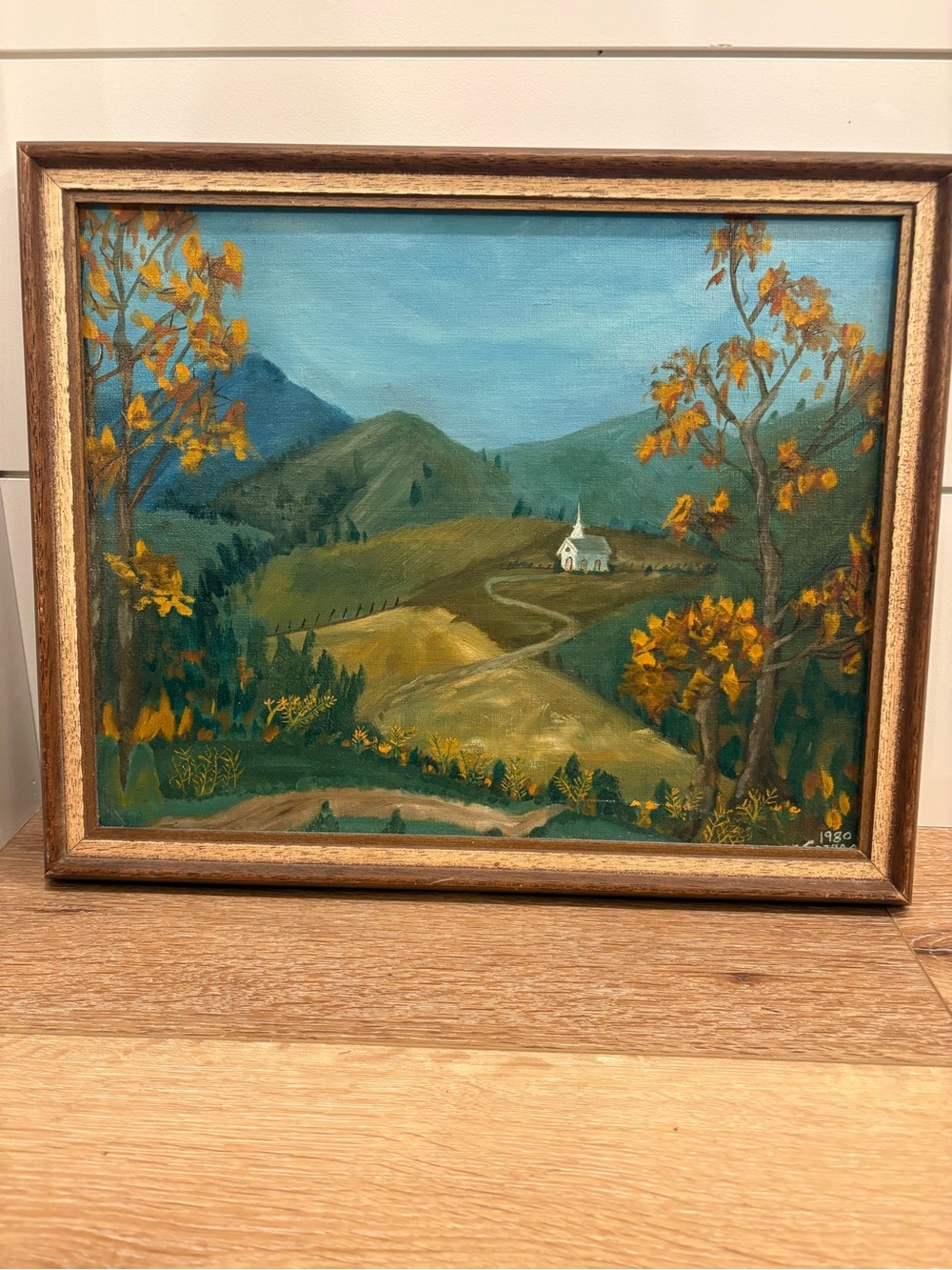 Original Vintage 1980 Signed Folk Art Landscape Oil Painting-Framed Mountain